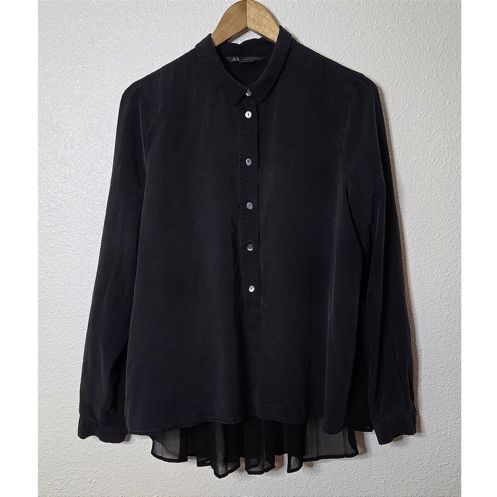 Armani Exchange Black Sheer Pleated Blouse High Low Minimalist Chic Top L